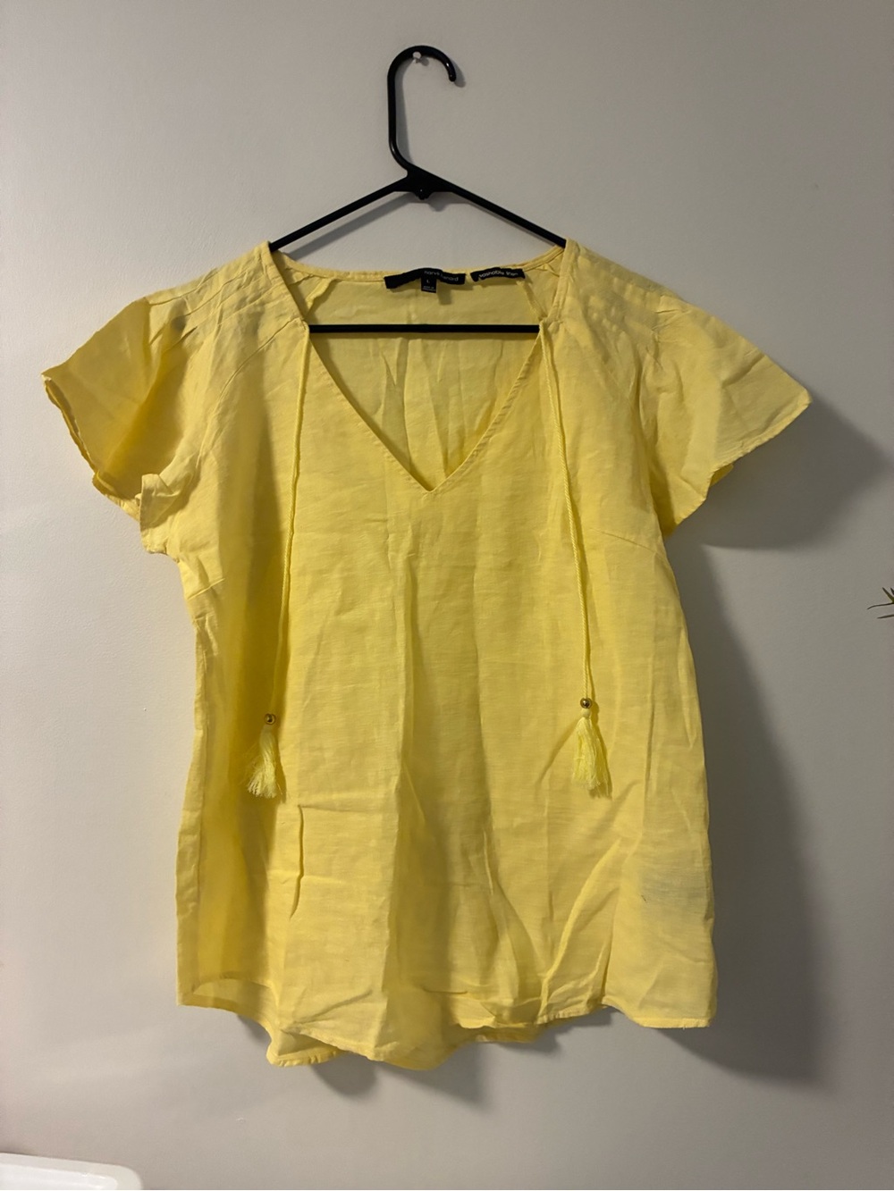 Harve Benard Bright Yellow Tassel V-Neck Short Sleeve Blouse